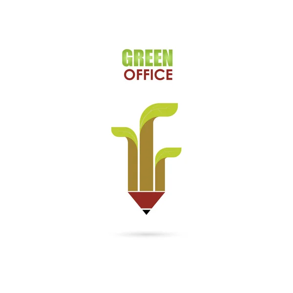 Ручка или карандаш знак и зеленые листья иконки векторный дизайн логотипа темп — стоковый вектор