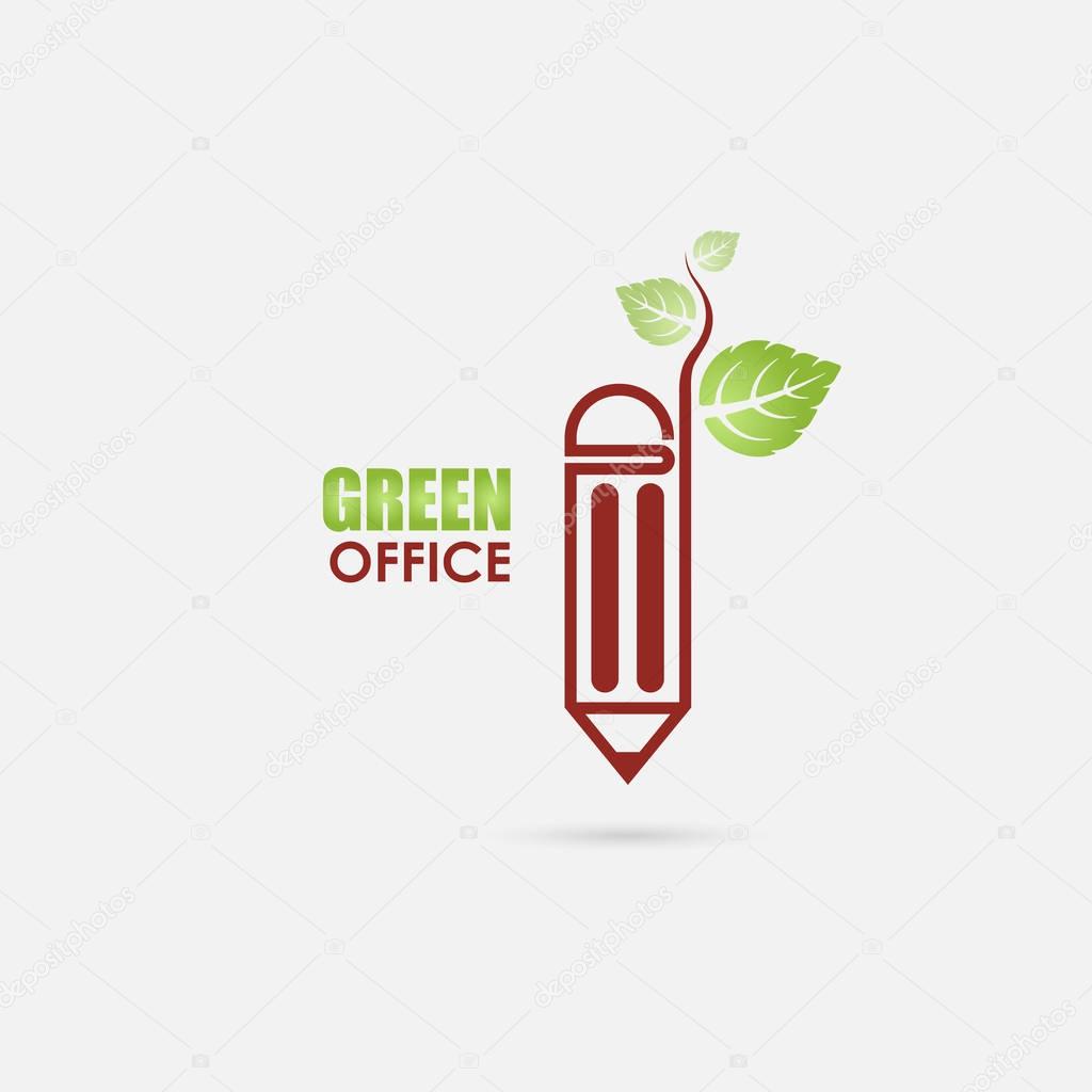 Pen or Pencil sign and green leafs icon vector logo design templ