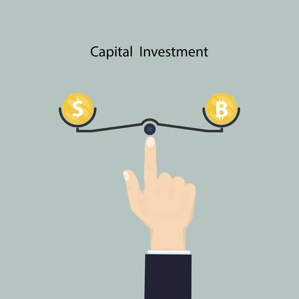 Human hand with US dollar and bitcoin sign.Dollar and Bitcoins — Stock Vector