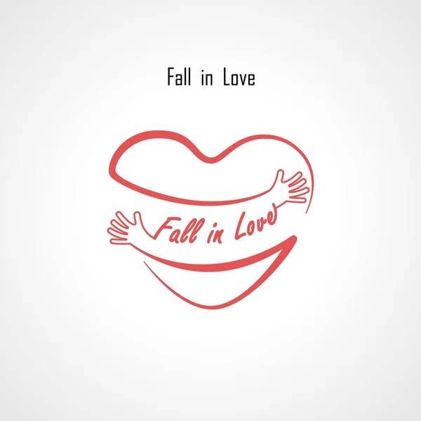 "Fall in Love "elementi di design tipografici e forma di cuore rosso — Vettoriale Stock