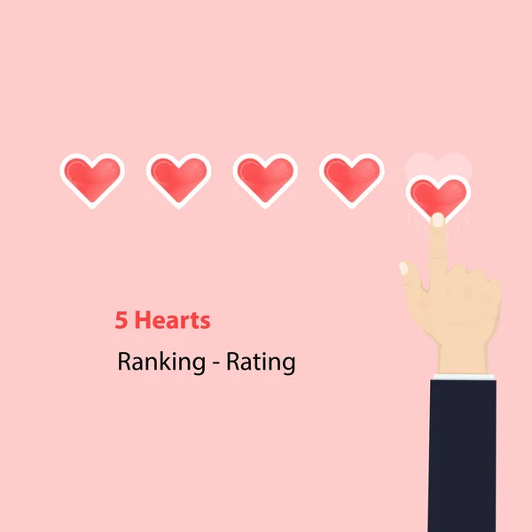 5 Hearts rating o rastrello concettuale.Valutazione o rastrello cuori rossi.Fi — Vettoriale Stock