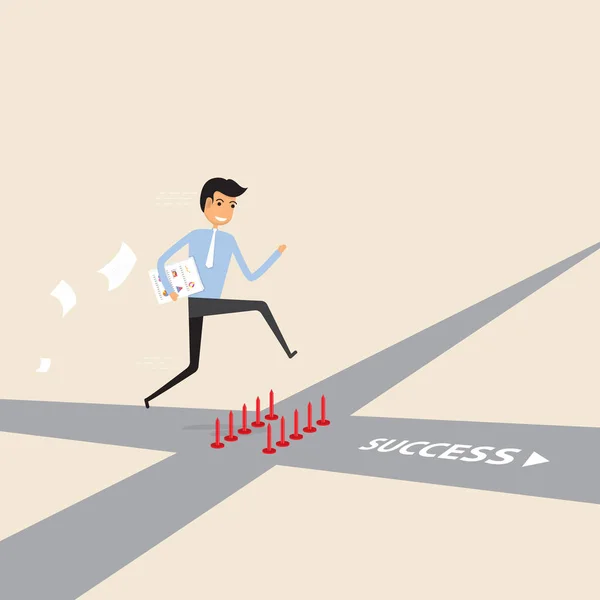 Homme d'affaires marchant dans la rue du succès avec le signe de pointe rouge — Image vectorielle