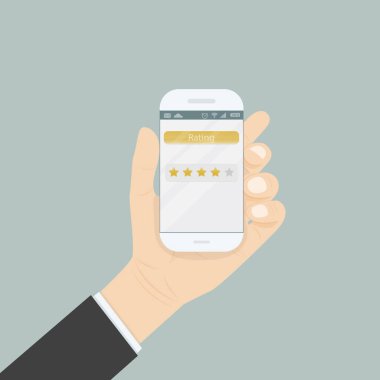 Değerlendirme veya scr kavram yan yatan ile smartphone tutan el