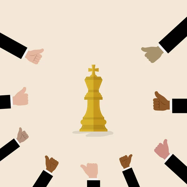 Rei do símbolo de xadrez com muitos polegares para cima mãos no backgroun — Vetor de Stock