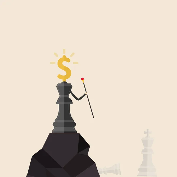 Король шахмат и доллары икона стоять на вершине горы и — стоковый вектор