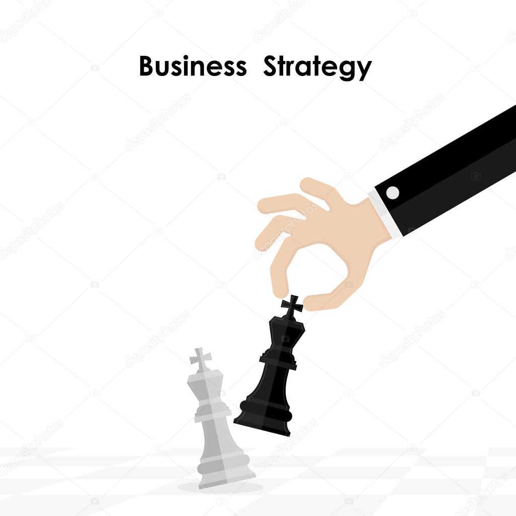 Hands and King of chess symbol with business and marketing strat