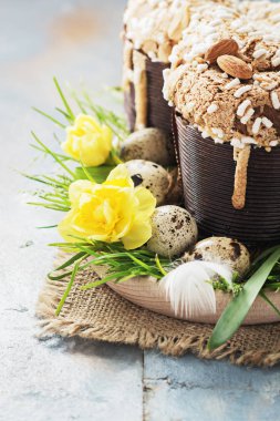 Colomba - İtalyan Paskalya güvercin kek eski rustik camgöbeği ahşap tahta üzerinde. Seçici odak, serbest metin alanı.