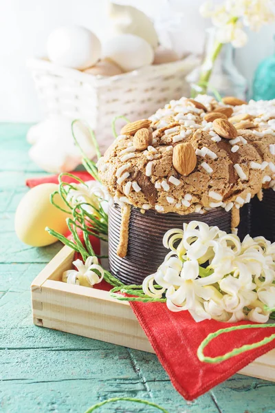 stock image Colomba - italian easter dove cake on old rustic cyan wooden board. Selective focus, free text space.