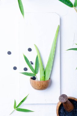 Cilt bakımı. Etkin kömür tozu ve aloe vera ile maske ve fırça malzemeleri, kopyalama alanı.