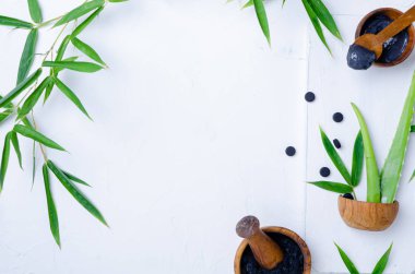 Cilt bakımı. Etkin kömür tozu ve aloe vera ile maske ve fırça malzemeleri, kopyalama alanı.