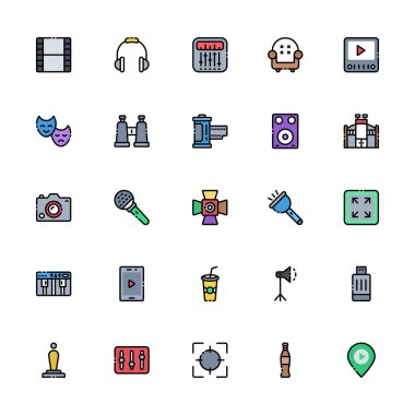 Basit Sinema ve Film Seti İlgili Vektör renkli çizgi simgeleri oluşturuyor. Düzenlemesi kolay