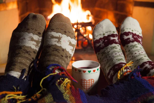Man Woman Warm Socks Fireplace Cup Hot Drink Heart — Stock Photo, Image
