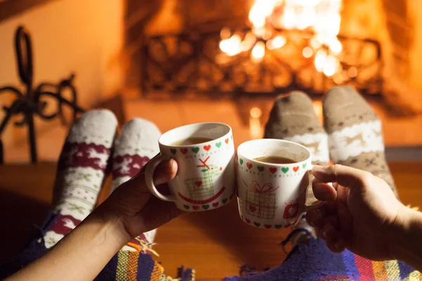 Man Woman Warm Socks Fireplace Cup Hot Drink Heart — Stock Photo, Image