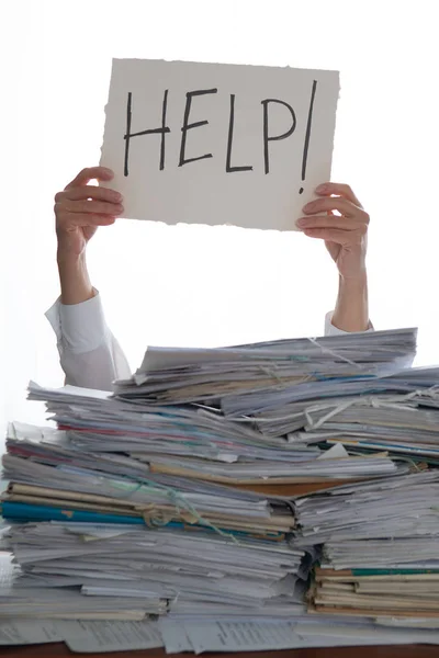 Person Pile Papers Hand Holding Sign Help Accounting — Stockfoto