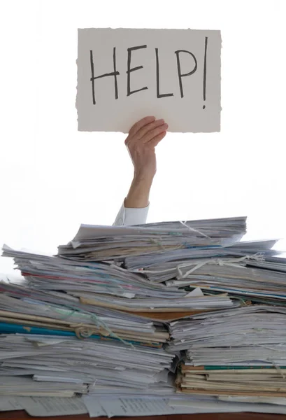 Person Pile Papers Hand Holding Sign Help Accounting — Stockfoto