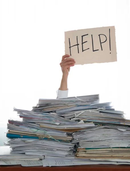 Person Pile Papers Hand Holding Sign Help Accounting — Stockfoto