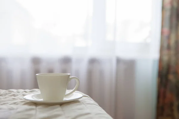 Morning Cup Coffee Background Bed Window — Stock Photo, Image