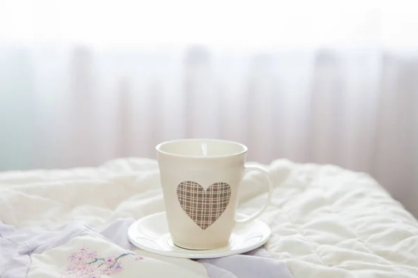 Morning Cup Coffee Background Bed Window — Stock Photo, Image