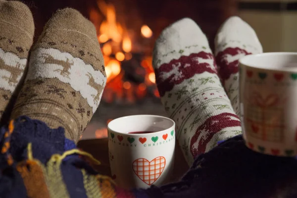 Man Woman Warm Socks Fireplace Cup Hot Drink Heart — Stock Photo, Image