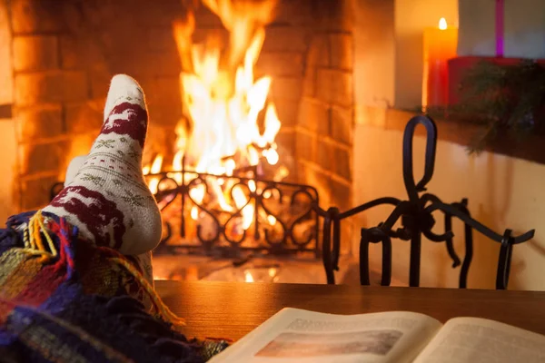 Woman Warm Knitted Socks Front Fireplace — Stock Photo, Image