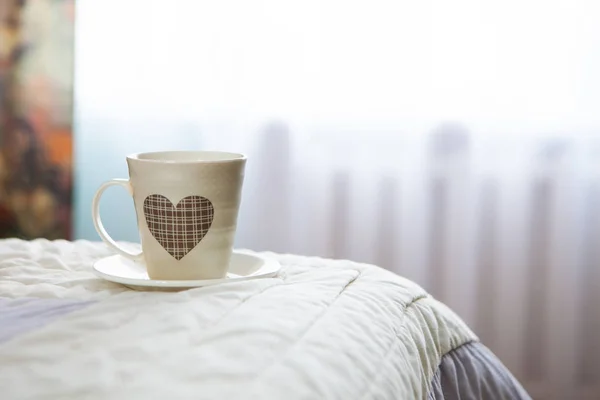 Morning Cup Coffee Background Bed Window — Stock Photo, Image