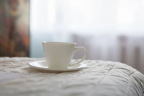 Morning Cup Coffee Background Bed Window — Stock Photo, Image