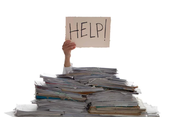 Person Pile Papers Hand Holding Sign Help Accounting — Stockfoto