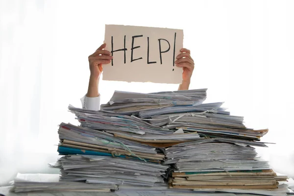 Person Pile Papers Hand Holding Sign Help Accounting — Stockfoto