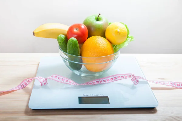 Healthy Diet Fitness Weight Loss Concept Fruits Vegetables Table Girl — Stock Photo, Image