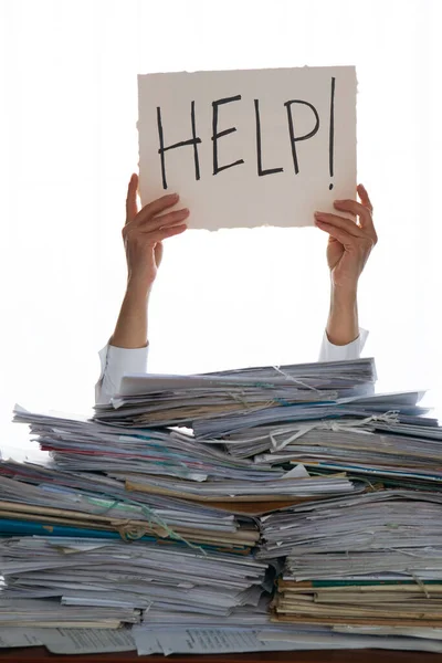 Person Pile Papers Hand Holding Sign Help Accounting — Stockfoto