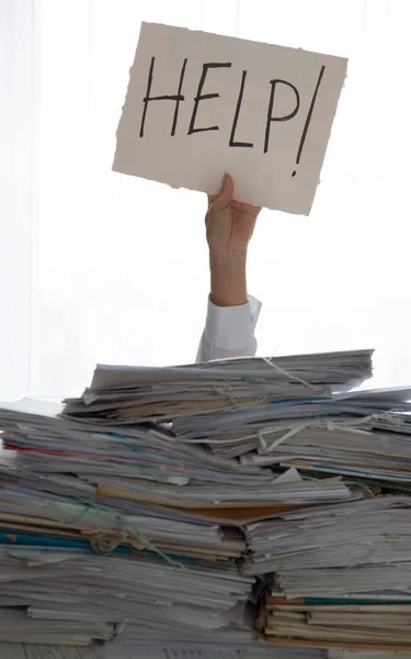 Person Pile Papers Hand Holding Sign Help Accounting — Stockfoto