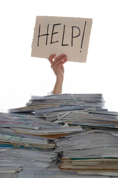 Person Pile Papers Hand Holding Sign Help Accounting — Stockfoto