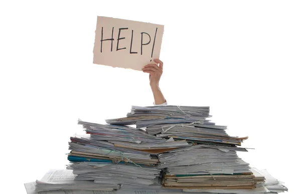 Person Pile Papers Hand Holding Sign Help Accounting — Stockfoto