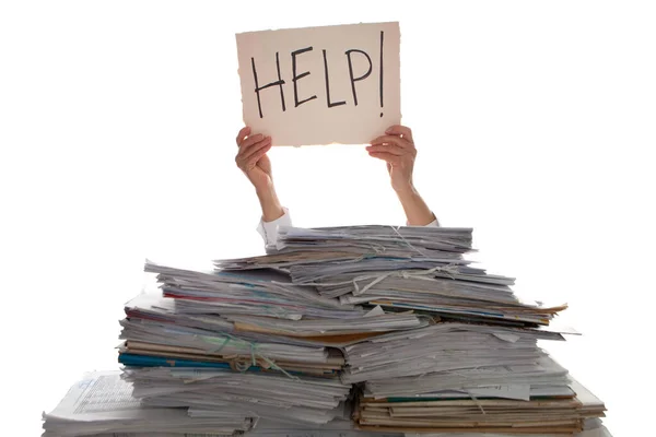 Person Pile Papers Hand Holding Sign Help Accounting — Stock Photo, Image