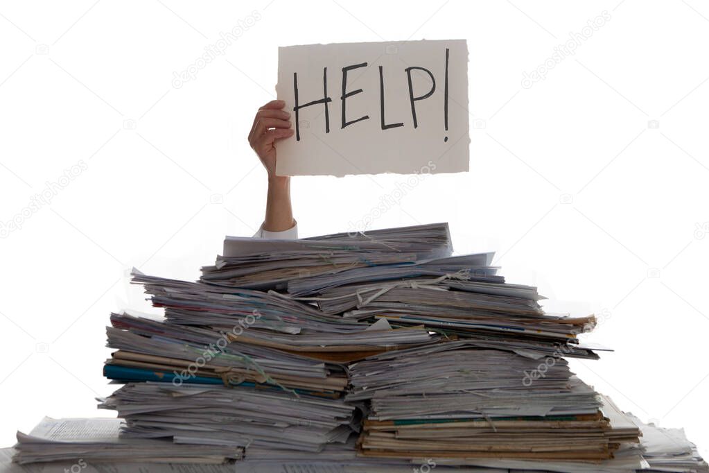 Person under a pile of papers with a hand holding a sign of help. Accounting.