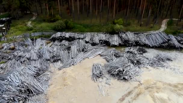 Flyg över ett gammalt sågverk. Träarbeten som skadar ekologin. Tagen av drönare — Stockvideo