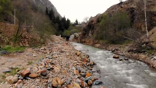 Légi repülés egy hegyi folyó és a sziklás part felett. A drón elrabolta. — Stock videók