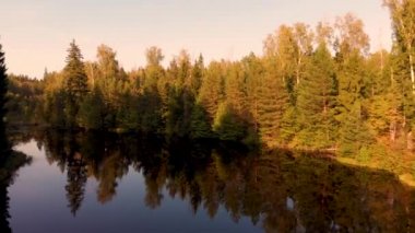 Küçük bir orman gölü üzerinde havadan uçuş. Gün batımında insansız hava aracı tarafından çekiliyor.