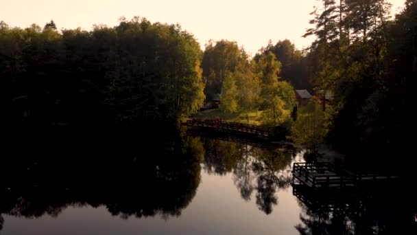 Luchtvlucht over een klein bosmeertje naar houten brug. Genomen door een drone — Stockvideo