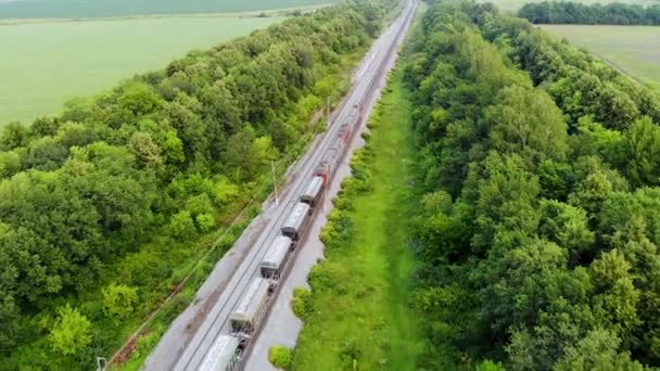 Luchtopname van goederentrein die per spoor reist. Ingenomen door drone bij zonsondergang — Stockvideo