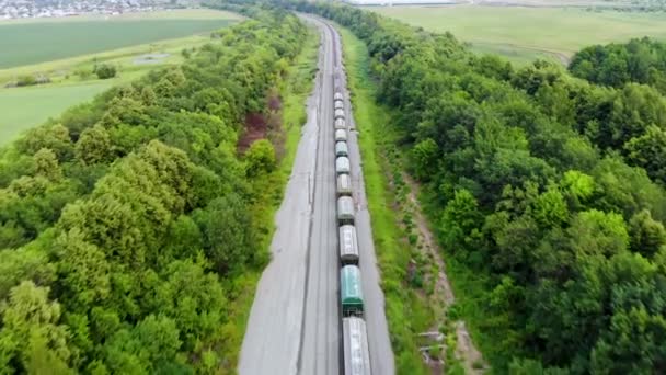 Aerial shot of freight train that travels by rail. Taken by drone at sunset — Stock Video