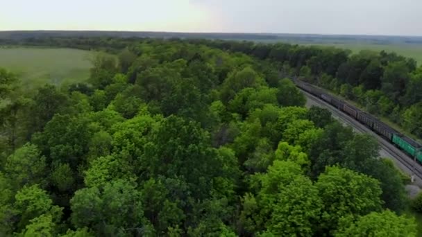 Luchtopname van goederentrein die per spoor reist. Ingenomen door drone bij zonsondergang — Stockvideo