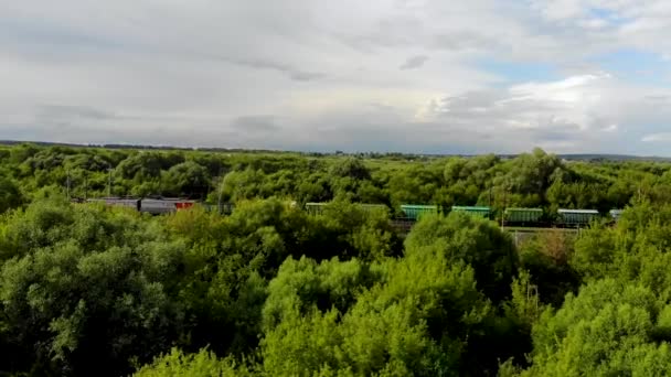 Luftaufnahme eines Güterzuges, der mit der Bahn durch einen Eisenbahnknotenpunkt fährt — Stockvideo