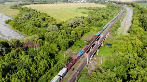 Luchtopname van goederentrein die per spoor door een spoorwegovergang rijdt — Stockvideo