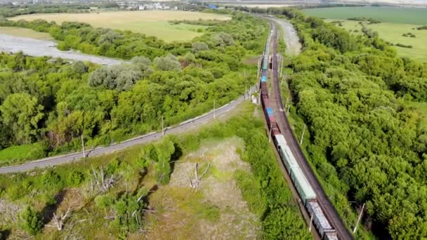 Luchtopname van goederentrein die per spoor door een spoorwegovergang rijdt — Stockvideo