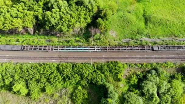 Luchtopname van perron voor spoorwegcontainers die als onderdeel van goederentrein rijden — Stockvideo