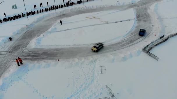Saransk, Russia - 02 / 03 / 2019: Aerial shot of winter drift competition on Lada — стоковое видео
