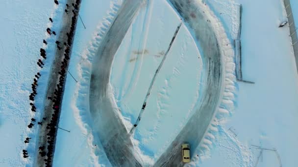 Saransk, Russia - 02/03/2019: Aerial shot of winter drift competition on Lada — Stock Video