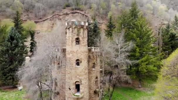 Aereo che vola intorno al vecchio edificio abbandonato simile a un castello. Preso dal drone — Video Stock