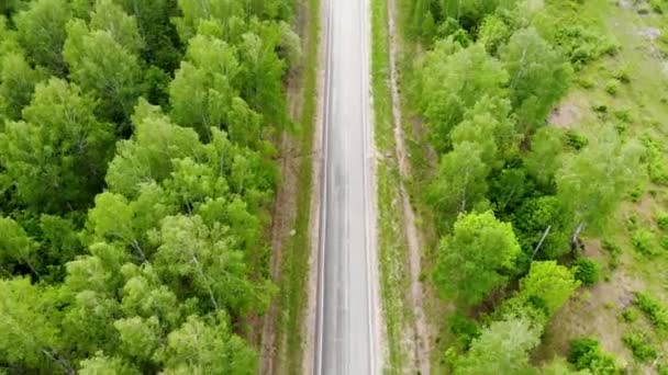 Vliegtuig drone vlucht over de snelweg waarop een vrachtwagen passeert in de zomerdag — Stockvideo